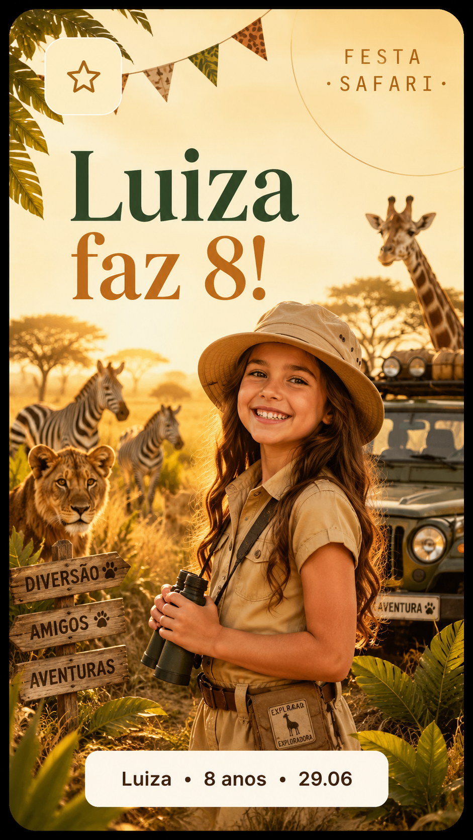Convite Luiza 8 anos — tema safari