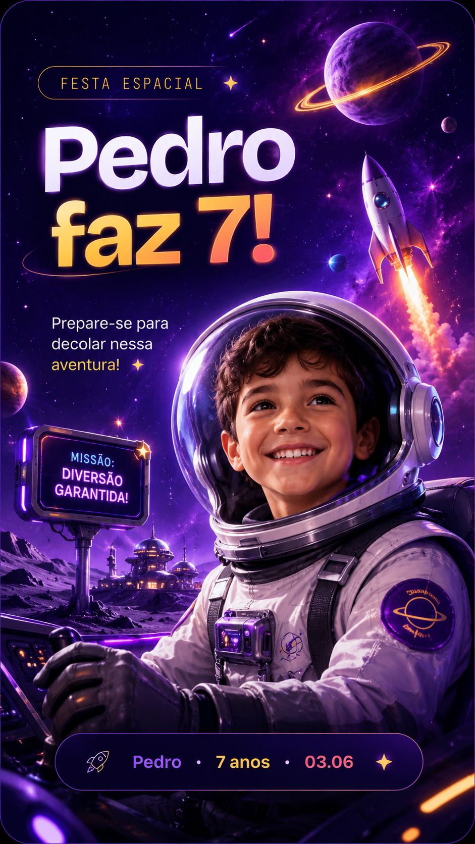 Convite Pedro 7 anos — tema space