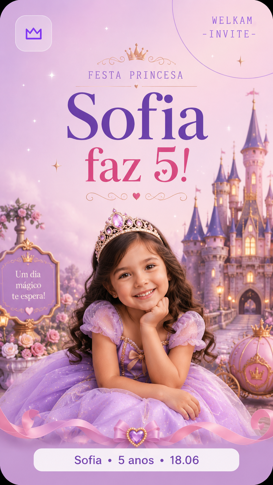 Convite Sofia 5 anos — tema princess